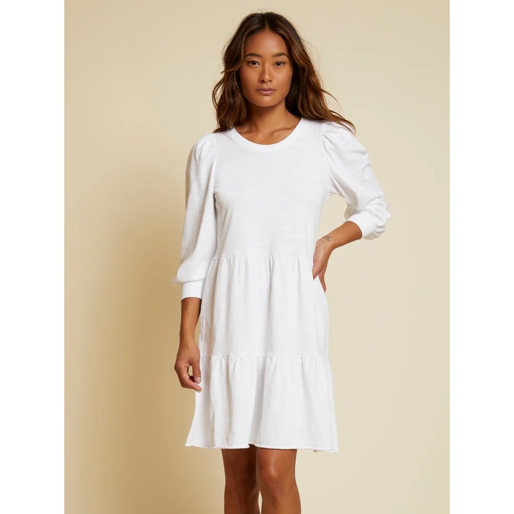 Nation LTD Bettina Easy Peasant White Cotton Tiered Mini Dress Puff Sleeve XS